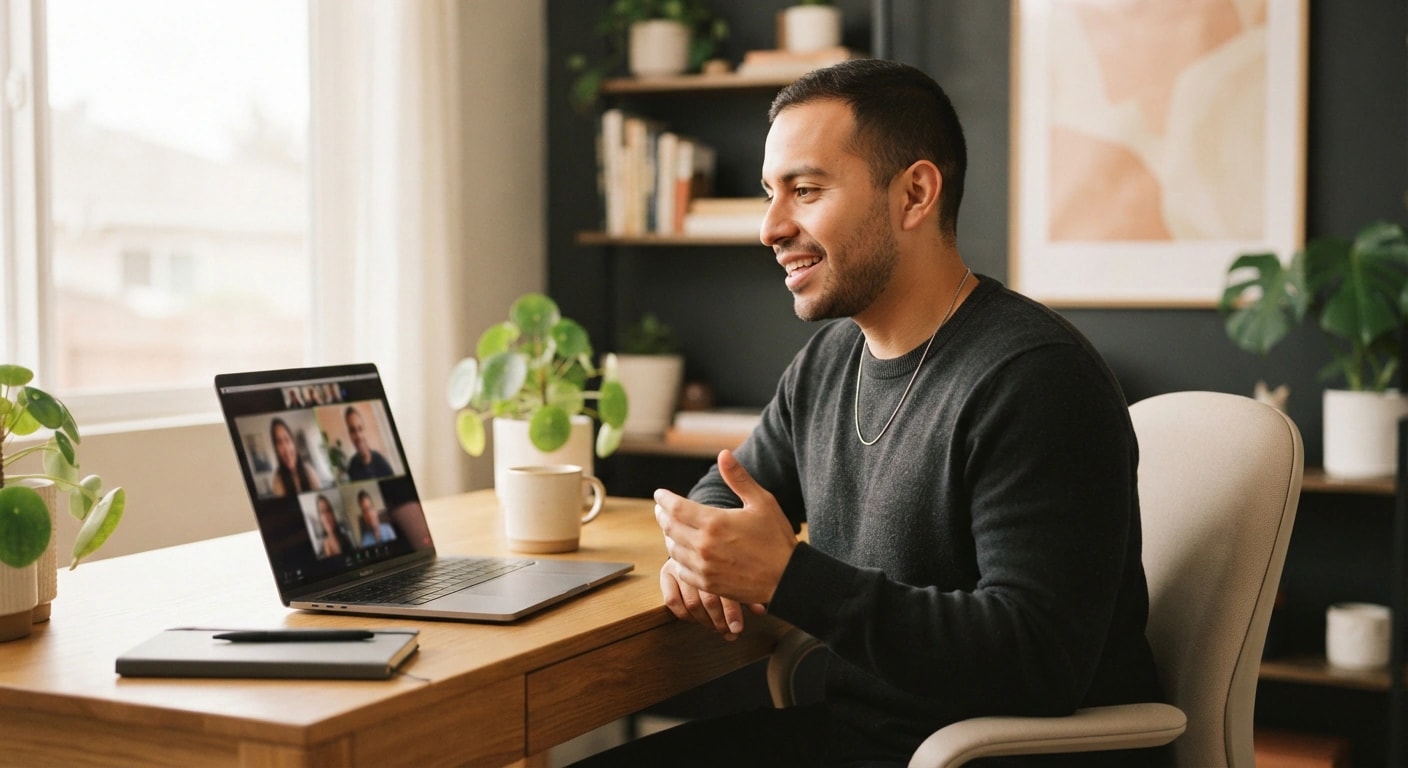 Hombre respondiendo con seguridad una pregunta en una videollamada de trabajo desde su Mac