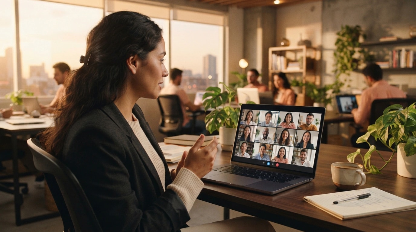 Mujer en una videollamada con un equipo internacional desde su Mac